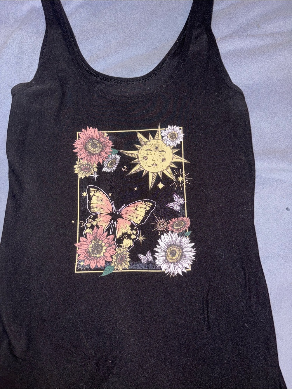 No Boundaries Black Tank Top with Sun, Butterfly & Floral Graphic